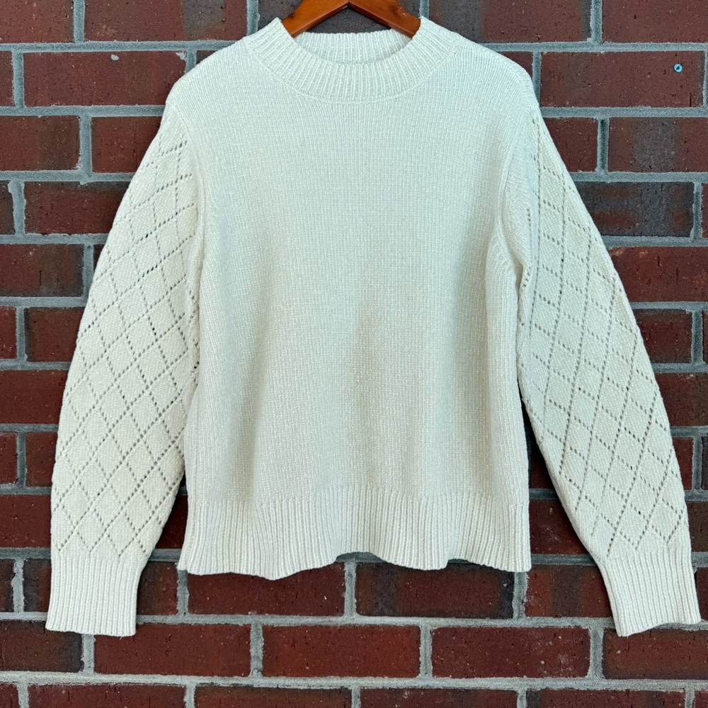Cream Knit Sweater with Patterned Open Knit Sleeves